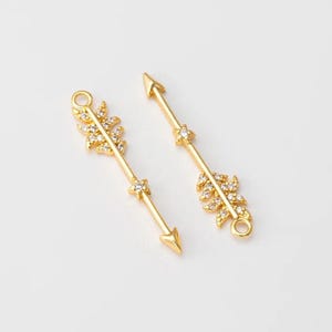 2PCS - Tiny Zircon Star Arrow Bar Charm, Gold Brass Arrow Bow Thick Pendant, Minimalist Jewelry Making, Real 14K Gold Plated [P1587-PG]