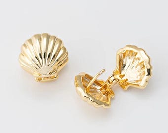 2PCS - Pendientes de aro colgantes tipo concha, pendientes pequeños y delicados con incrustaciones de conchas, joyería minimalista, chapados en oro auténtico de 14 quilates [E0825]