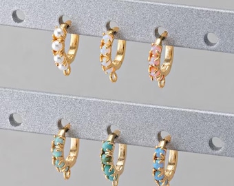 2PCS - 12mm Opal Pearl Turquoise Hoops, Minimalist Dangle One Touch Earrings, Huggie Hoops, Real 14K Gold Plated [E0524-PGJR]