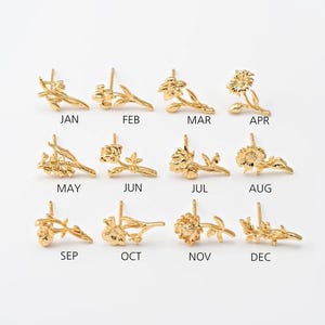 2PCS - Birth Flower Stud Earrings for Each Month, Personalized Floral Posts, Dainty Gift for Mom or Her, Real 14K Gold Plated [E0859-PG]