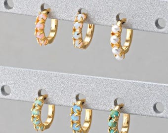 2PCS - Opal Hoops, Opal One Touch Earrings, Huggie Hoops, Pearl Hoops, Turquoise Huggies, Real 14K gold earrings hoops Plated [E0524-PG]