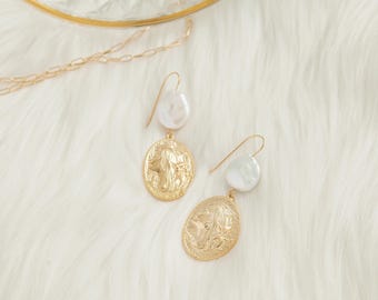 2 pezzi - Orecchini a gancio con perle d'acqua dolce, ganci per perle dorate, fili per orecchini, placcati in vero oro 14 carati [H0105-PG]