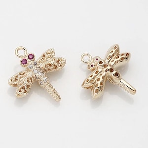 2 PCS - Pendentif cube libellule, fournitures pour bijoux, fabrication de bijoux, véritable or 14 carats et plaqué rhodium [P0401]
