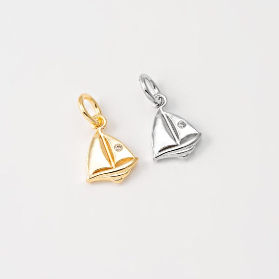 2PCS - Sailing Boat Charm, Ship Dangle Pendant, Sail Boat Charms, Ocean Jewelry Making, Real 14K Gold & Rhodium Plated [P2194]