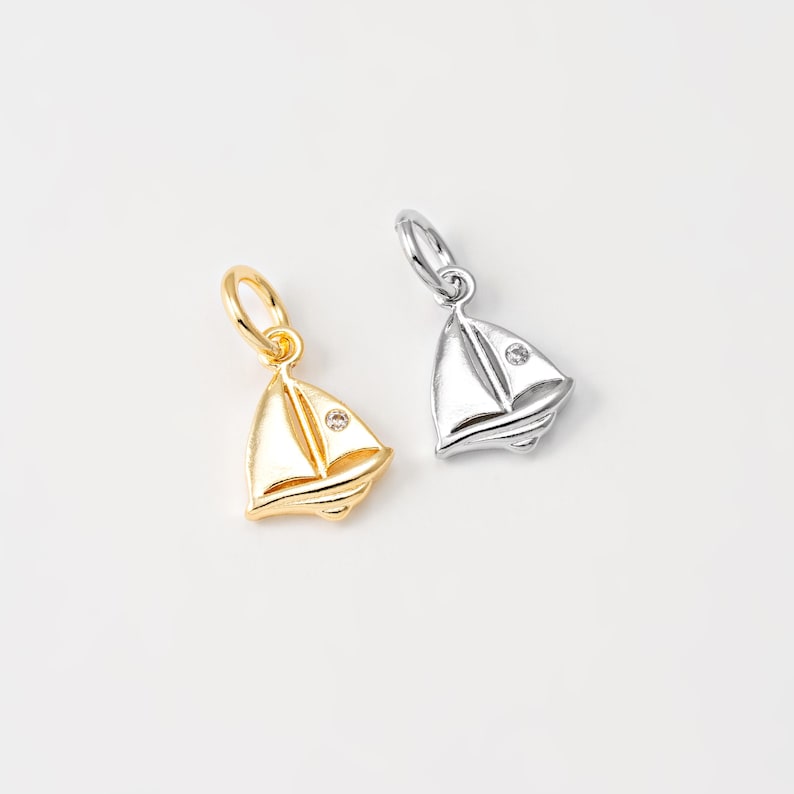 2PCS - Sailing Boat Charm, Ship Dangle Pendant, Sail Boat Charms, Ocean Jewelry Making, Real 14K Gold & Rhodium Plated [P2194] image 1