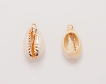 2PCS - Cowrie Shell Charms, Natural Sea Shell Pendant for Necklace or Bracelet Jewelry Making, Polished Gold-Plated [GJ0007]
