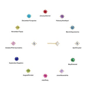 Puede incluir: Un gráfico que muestra las piedras de nacimiento para cada mes del año. Las piedras de nacimiento se muestran en un círculo con el mes y el nombre de la piedra de nacimiento debajo de cada piedra. Las piedras de nacimiento son: Granate, Turquesa, Amatista, Aguamarina, Cristal, Esmeralda, Peridoto, Rubí, Alejandrita, Zafiro, Topacio y Turmalina rosa.