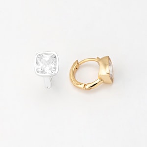 2PCS - tiny square crystal One Touch Earring, CZ Huggie Hoops, Small Earrings, Jewelry Making, Real 14K Gold & Silver Plated [E0774]