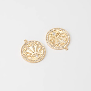 1PC - Sun Evil Eye CZ Pendant, Evil Eye Charm, Round Dangle CZ charm, Real 14K Gold Plated [P1252-PG]