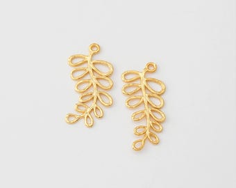 4PCS - Gold Small Branch Leaf Charm, Tree Leaves Dangle Pendants, Nature Charms for Jewelry Making, Real 14K Gold Plated [CB0246-PG]