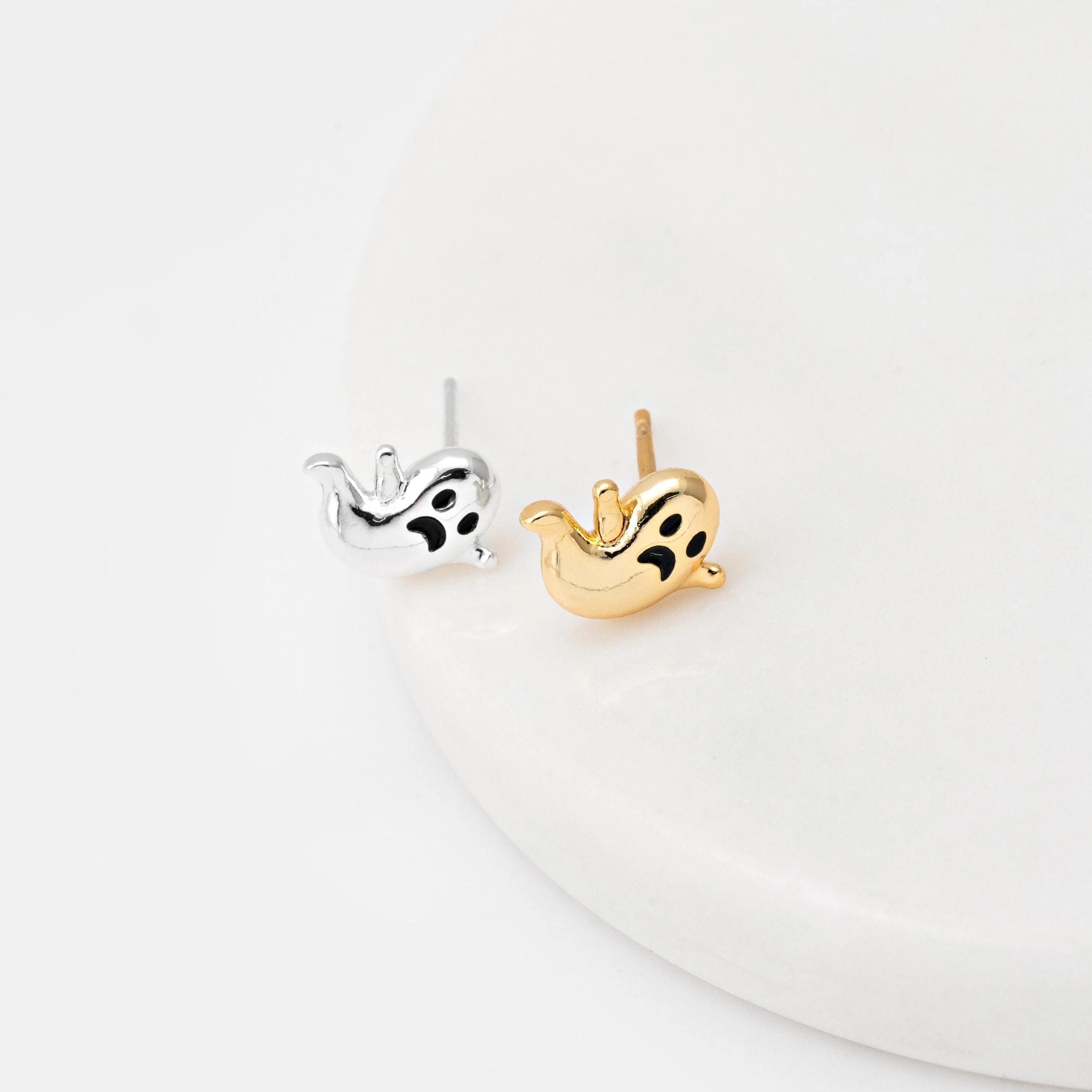 2 STÜCK - Mini gruselige Ohrstecker, Halloween Schmuck, Silber Geist Ohrstecker, Zarte Pave Ohrstecker, Echt 14K Gold & Silber [E0970]