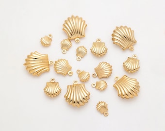 2PCS - Gold Seashell Charms Set, 3D Shell Pendant for Necklace or Earrings, Mixed Size Beach Jewelry Supplies, 14K Gold Tone [P0828-PG]