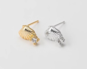 2PCS - Shell Stud Earrings, CZ Dainty Scallop Shell Post Earring, Mini Silver Stud, Real 14K Gold & Silver Plated [E0945]