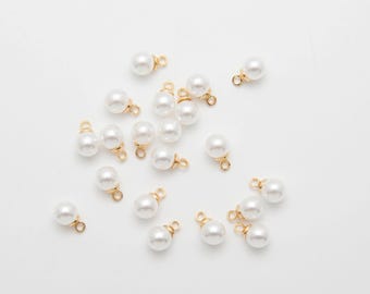 10PCS - White Pearl Drop Charms, 3 Sizes - 6mm 8mm 10mm, Gold Loop Faux Pearl Pendants for DIY Jewelry,, 14K Gold Plated [BY0015-PG]