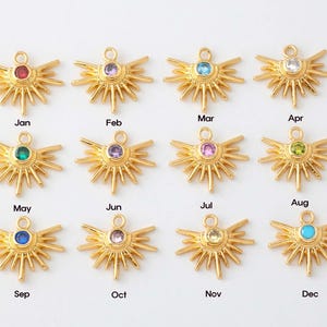 以下が含まれることがあります： 中心に異なる色のクリスタルが付いた、金色のスターバーストチャームが12個。チャームには、1月から12月までの月の名前が書かれています。