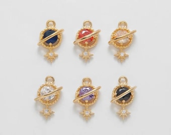 2PCS - Saturn Planet Charms, Cubic Space Pendant, Celestial Jewelry, Galaxy Charm for Necklace, Real 14K Gold Plated [HL0002-PG]
