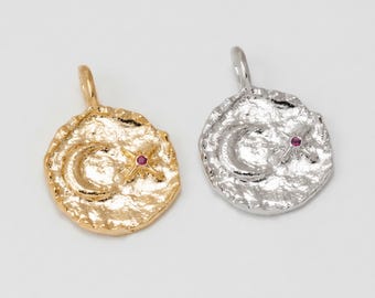 1PC – Moon Star Coin • Textured Celestial Pendant • CZ Charm • Real 14K Gold & Rhodium Plated [P2327]