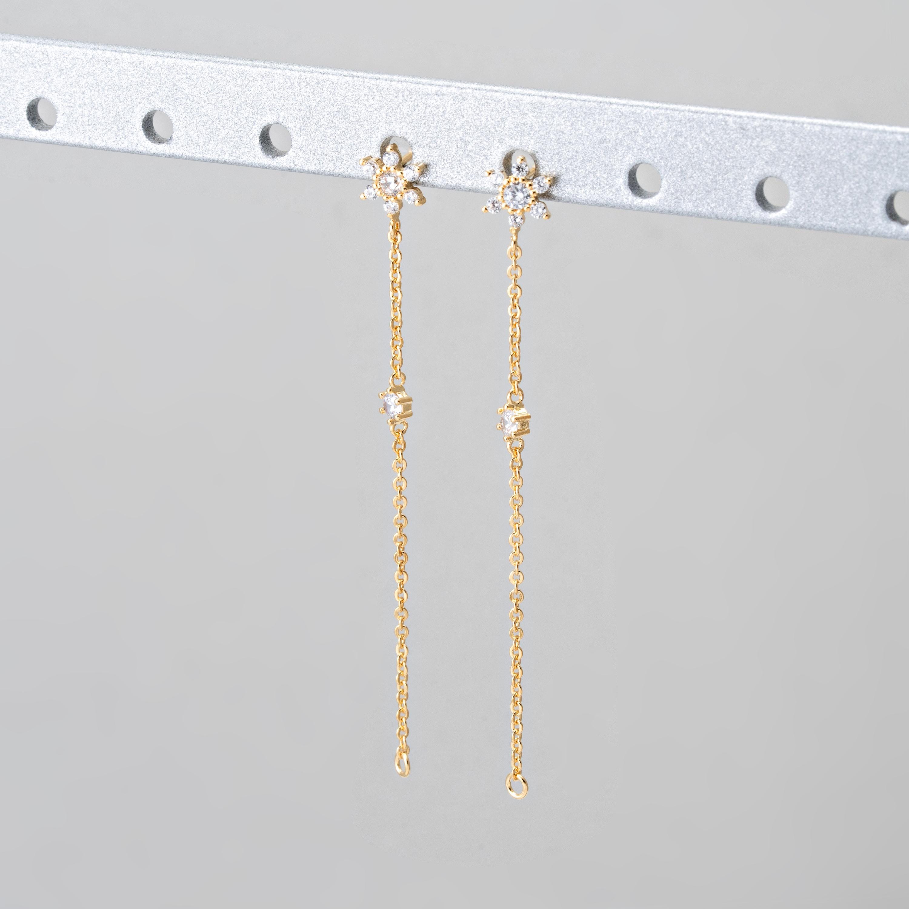 2PCS - Star Long Tassle Style Dangle Earrings, Minimalist Crystal CZ Stud Earrings, Real 14K Gold Plated [E1013-PG]