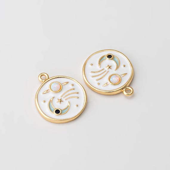 1PC - Enamel Round Charm, Lovely Solar System Pendant, Celestial Charm, Jewelry Supplies, Jewelry Making, Real 14K Gold Plated [P1350-PG]