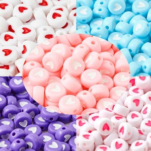 100PCS - 7mm Colorful Acrylic Heart Beads, Flat Round Acrylic White Bead, Hearts for Letter Beads, bracelet beads, jewelry beads [CB0148]