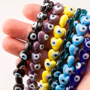 5PCS - 15mm Heart evil eye beads, Mixed color beads, jewelry beads, glass nazar evil eye, evil eye with hole, Love Beads [CB0190]