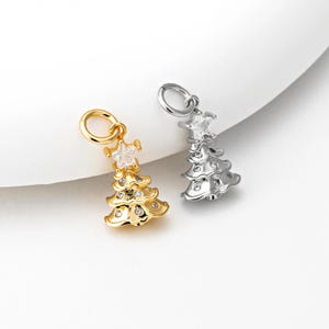 1PC - Classic Christmas Tree Charm with Clear CZ and Star, Holiday Pendant for DIY, Real 14K Gold & Rhodium Plated [P2022]