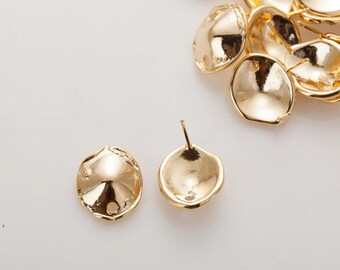 2 peças - Brincos de pino redondos de 13 mm, brincos de pino, brincos de pino redondos, banhados a ouro 14K [E0461-PG]