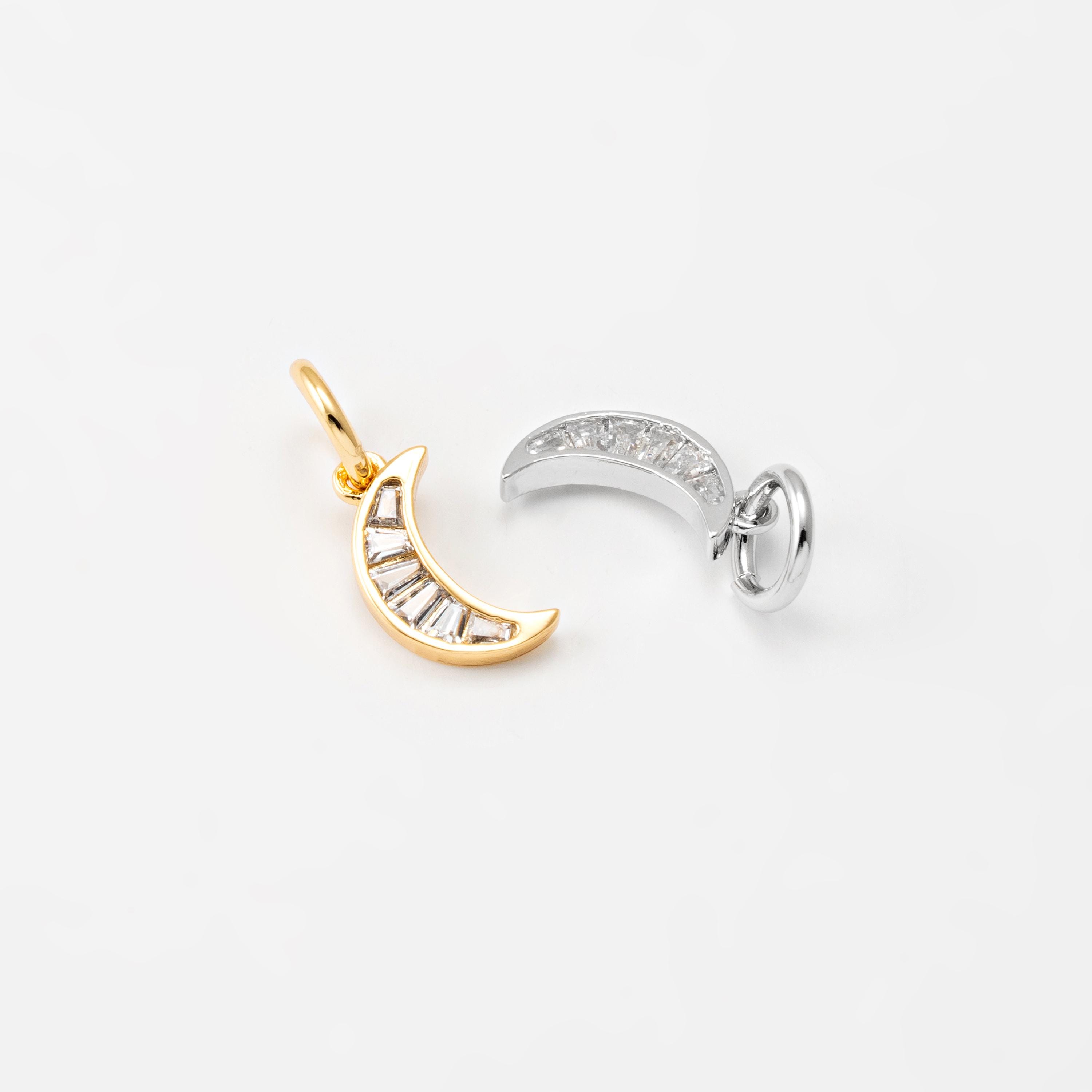 2PCS - Mini Moon Pave Cubic Pendant, Tiny Crescent Charm, Cubic Charm, Crescent Pendants, Real 14K Gold & Rhodium Plated [P0096]