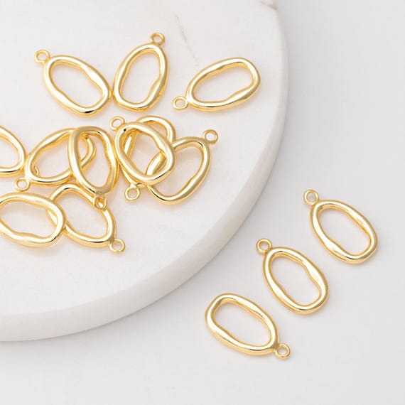 2PCS - Gold Thick Line Dangle Charms, Simple Oval Brass Pendant, Minimalist Jewelry Making, Real 14K Gold Plated [P1592-PG]