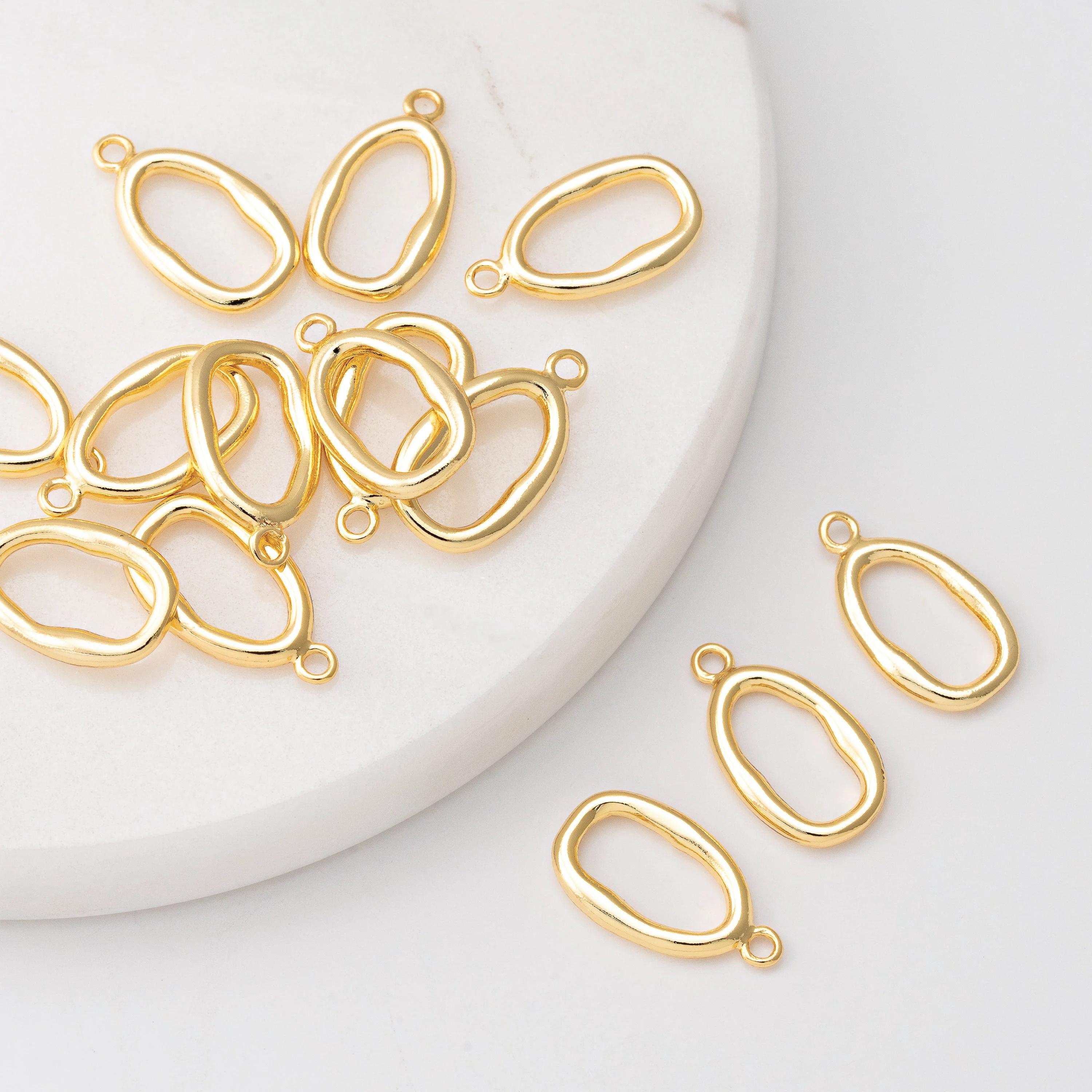 4PCS - Gold Thick Line Dangle Charms, Simple Oval Brass Pendant, Minimalist Jewelry Making, Real 14K Gold Plated [P1592-PG]