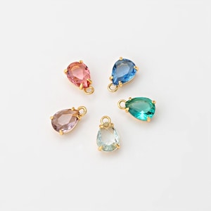 2PCS - Tiny Teardrop Shape Aqua Pink Violet Emerald Sapphire Glass Dangle Charm, Tiny Drop Glass Pendant, Real 14K Gold Plated [G0412-PG]