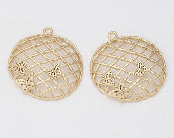 2PCS - Small butterfly Round Pendant 14K Matte Gold & Matte Rhodium Plated [P0287]