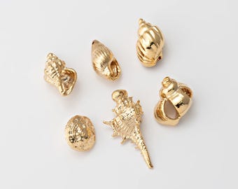 2PCS - Gold Seashell Charm Set, Ocean Shell Pendant Collection for Jewelry Making, Real 14K Gold Plated [P0905-PG]
