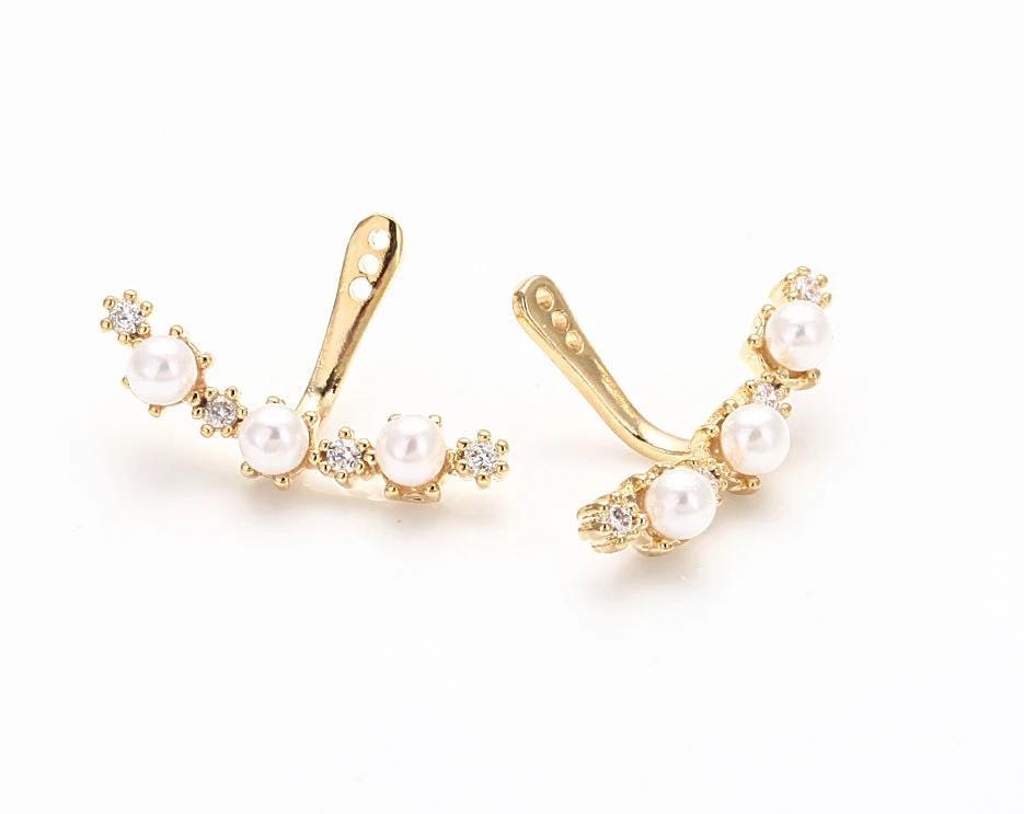 2PCS - Pearl Cubic Ear Jacket Earrings, Ear Cuff Earring, Real 14K Gold & Rhodium Plated [E0315]