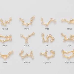 2PCS - Zodiac Constellation Stud Earrings, 12 Star Sign CZ Jewelry, Dainty Sterling Silver Posts, Real 14K Gold Plated [E0611-PG]