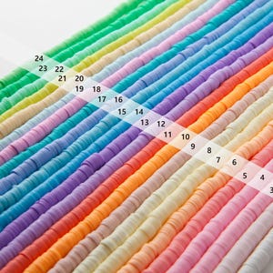 May include: Rows of colorful, flat polymer clay beads in a variety of shades, including pink, orange, yellow, green, and blue. The beads are arranged diagonally, with numbers indicating the color sequence.