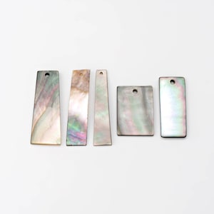 Puede incluir: Seis colgantes rectangulares de concha iridiscente con un agujero para ensartar. Los colgantes varían en tamaño y forma, mostrando colores nacarados blancos, rosas y verdes. Ideales para la creación de joyas.