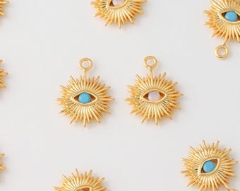 2PCS - Evil Eyes Sun Charm, Turquoise Blue Zircon & Opal Pendant, Thoughtful Gift, Good Luck Talisman, Real 14K Gold Plated [P1511-PG]