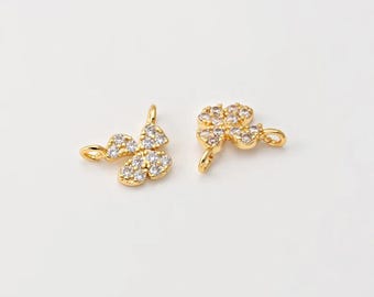 4 piezas - Conectores colgantes pequeños de cuatro tréboles para hacer collares, mini colgante de la suerte de oro para collar, chapado en oro auténtico de 14 quilates [C0117-PG]