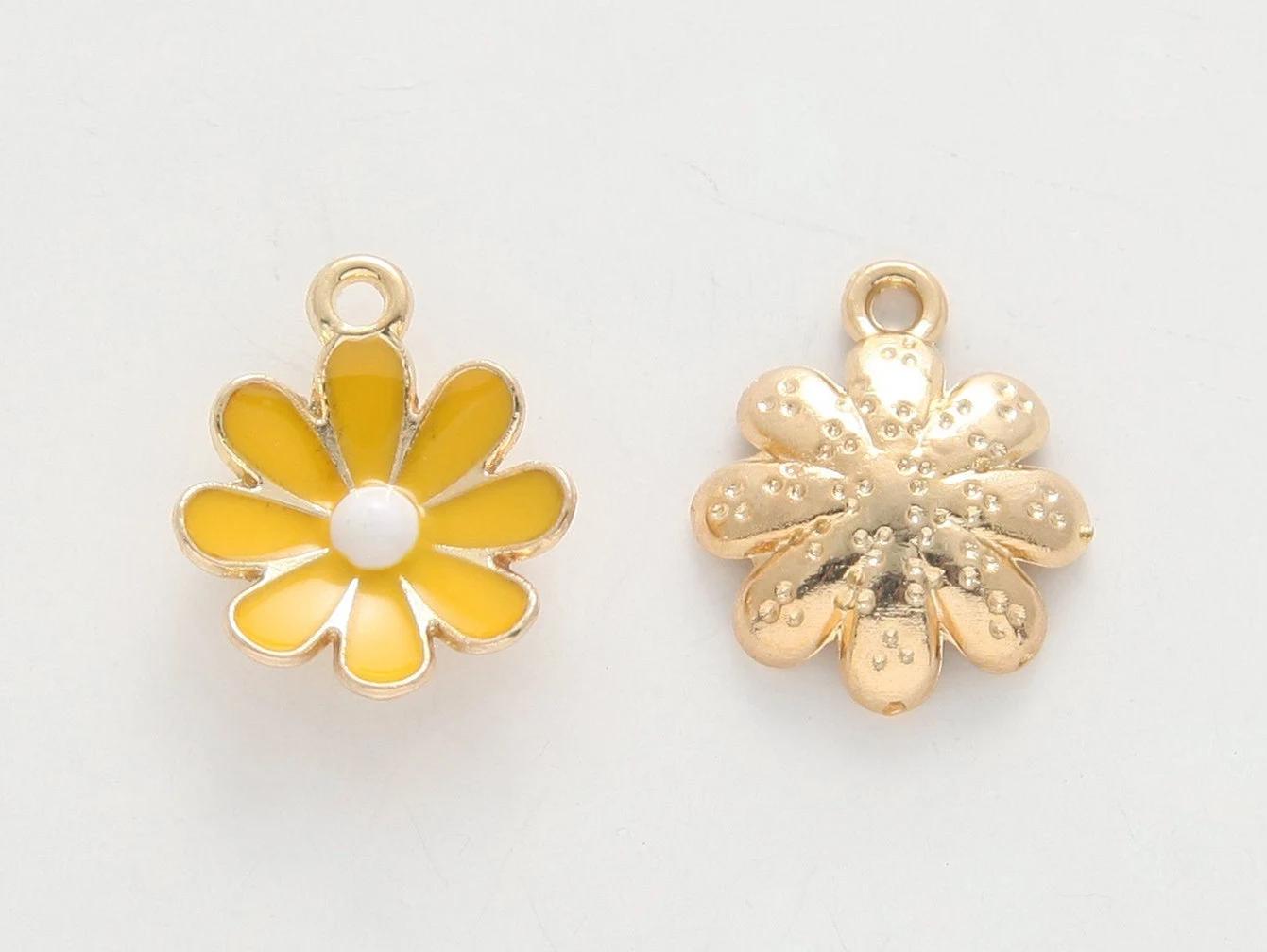 2PCS - Daisy Flower Enamel Charms, Enamel Flower Pendant, 14K Gold