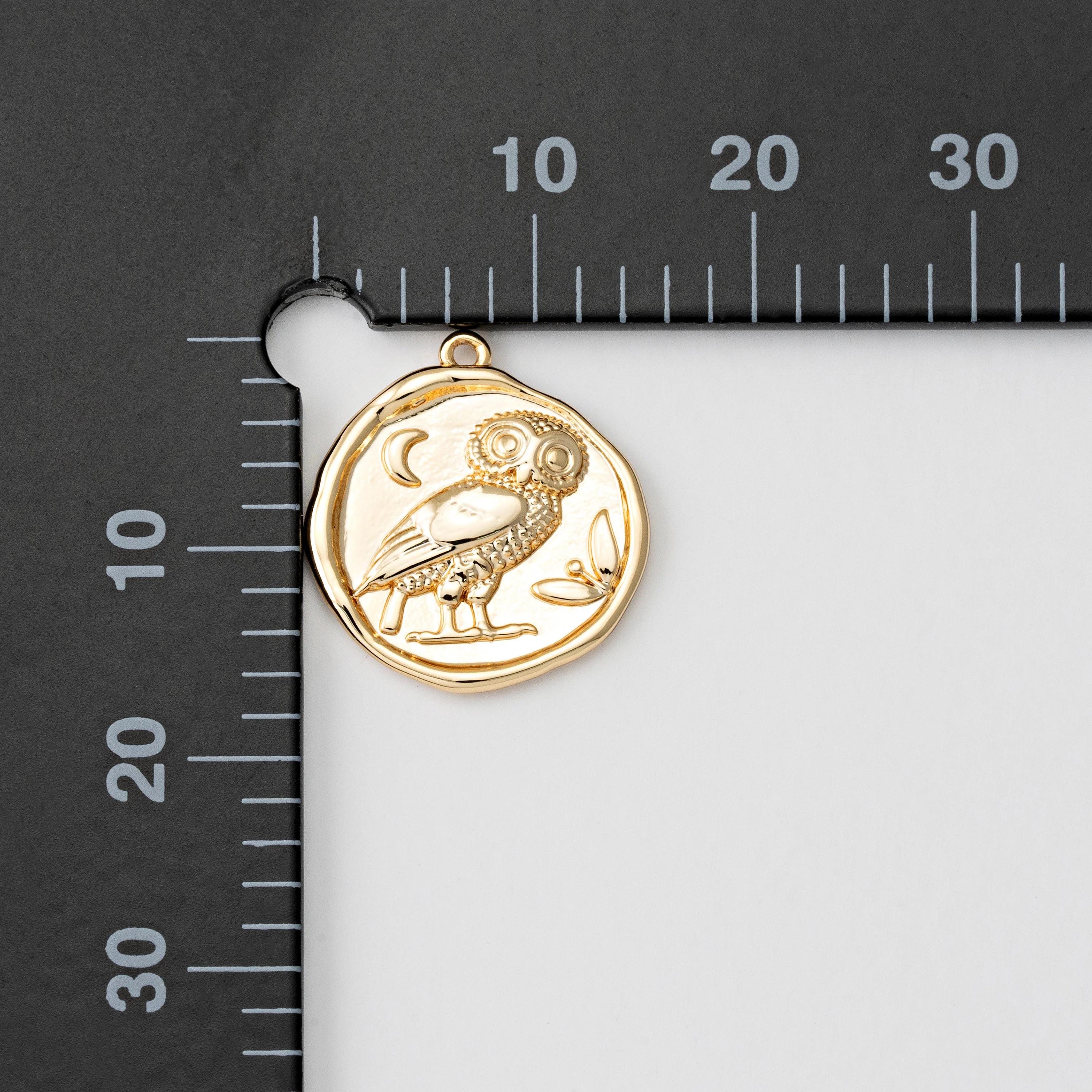 2PCS - Gold Coin Owl Pendant, Round Owl Dangle Charms, Vintage Minimalist Charm, Animal Necklace Mak