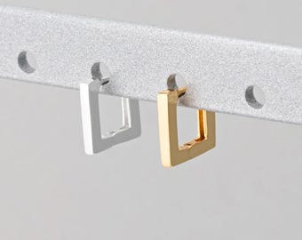 2 pezzi - Orecchini a cerchio quadrati piccoli, orecchini pendenti rettangolari in ottone, gioielli minimalisti, placcati in vero oro 14 carati e argento [E0786]