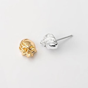 2PCS - Skull Face with Hand Stud Earrings, Skeleton Halloween Posts, Spooky Studs, Real 14K Gold & Silver Plated [E0946]
