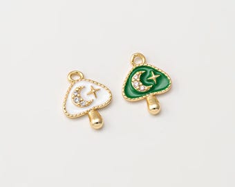 2PCS- Moon Mushroom Dangle Charm, Mini White Green Celestial Mushroom Star Pendants, Tiny Vegetable Charm, Real 14K Gold Plated [P1832-PG]