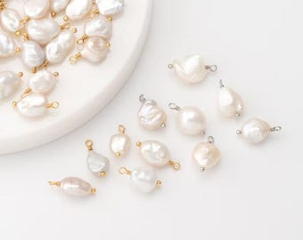 2PCS - Fresh water pearl charms, Baroque pearl charms, pearl charm Necklace Pendant, Real 14K Gold & Rhodium Plated [P0968]
