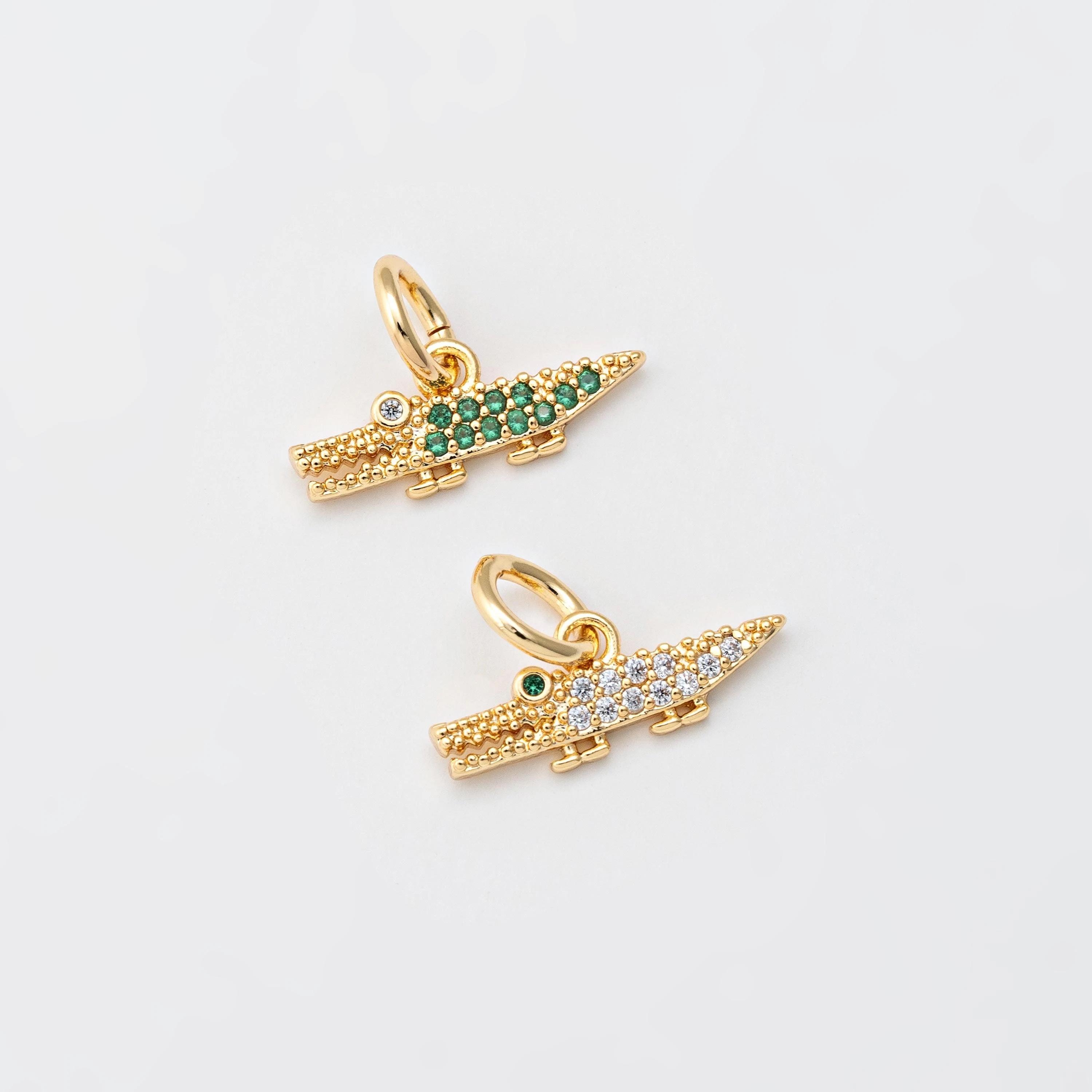 Pendentif Crocodile Doré à Strass Vert - Style Vintage, Alliage Cristal