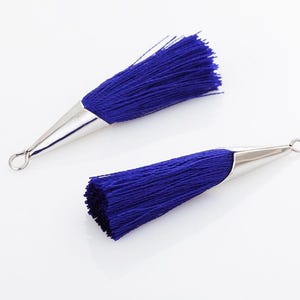 May include: Two cobalt blue tassels with silver-colored metal caps and small loops for hanging. The tassels are made of many strands of thread, and the caps are cone-shaped.