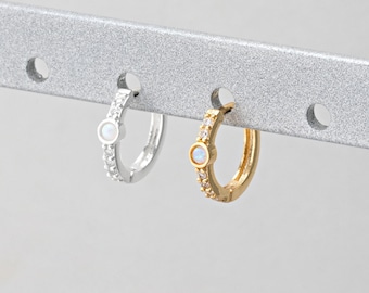 2PCS - Round Opal Huggie Hoop Earring, Dangle One Touch Hoop, Minimalist Jewelry, Gift for Her, Real 14K Gold & Silver Plated [E0789]