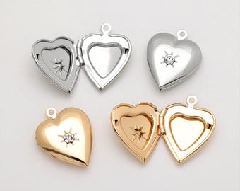 2PCS - Heart Cubic Locket Pendant, Locket Charm Necklace, Heart CZ Charms, 14K Gold & Silver Tone [P0820]