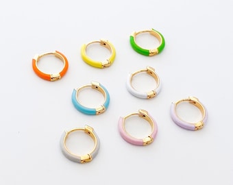 2PCS - Enamel One touch Earring, Round Hoop Epoxy Earring, Lovely Huggie Hoop Earrings, Real 14K Gold Plated [E0635-PG]